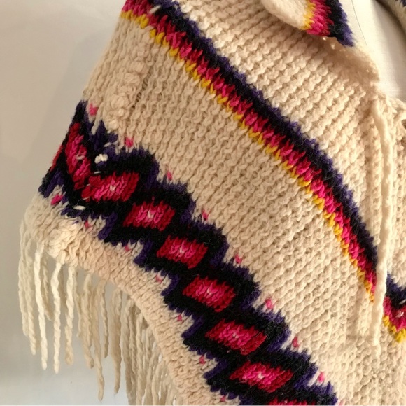 Vintage 1960s Mexican Fringed Wool Poncho, Cream, Multi-coloured - Picture 3 of 9